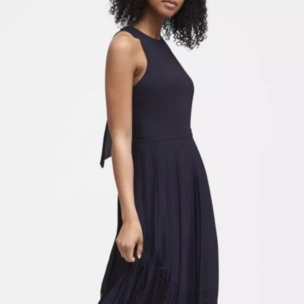 Navy pleated laser cut halter midi dress